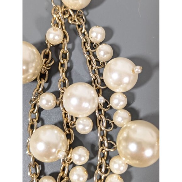 Retro Faux Pearl Charm Triple Chain ChaCha Bracelet Gold Tone Elegant 7" - Picture 9 of 11